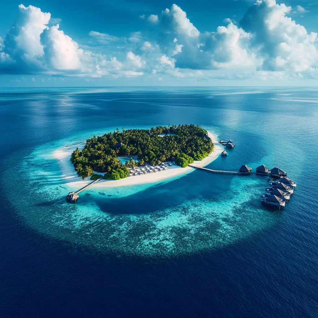 Widok wyspy na Malediwach z lotu ptaka oraz niedużych domków przy plaży 2