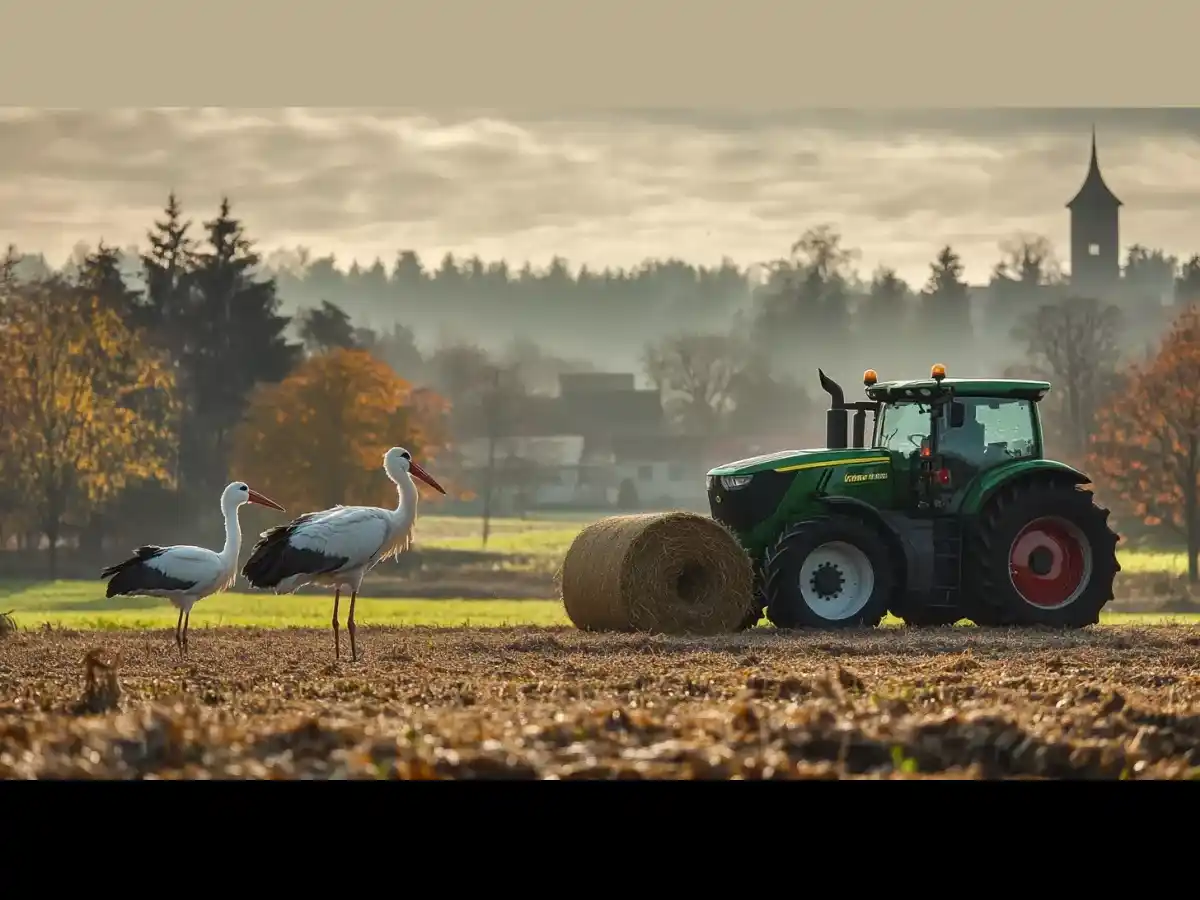 Dwa bociany stojace na polu na tle traktora.