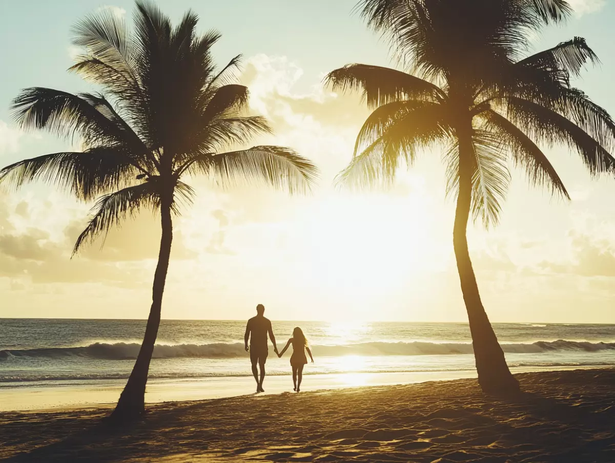 Para trzymająca sią za rece idąca w strone zachodzacego słońca.